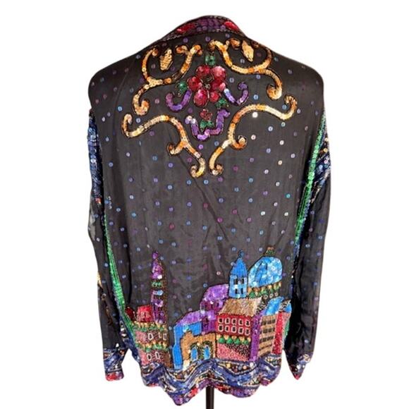 Vintage Sequin Together! Wearable Art Silk Jacket Storybook Cityscape Size M - Picture 3 of 8